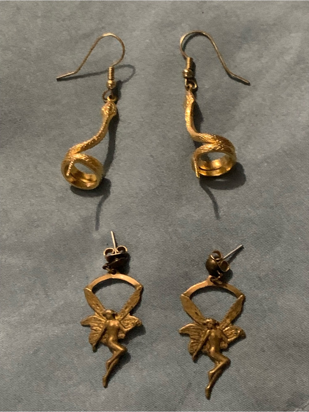 Set of 2 Pairs of Vintage Dangle Earrings - Snake and Fairy Drop Earrings